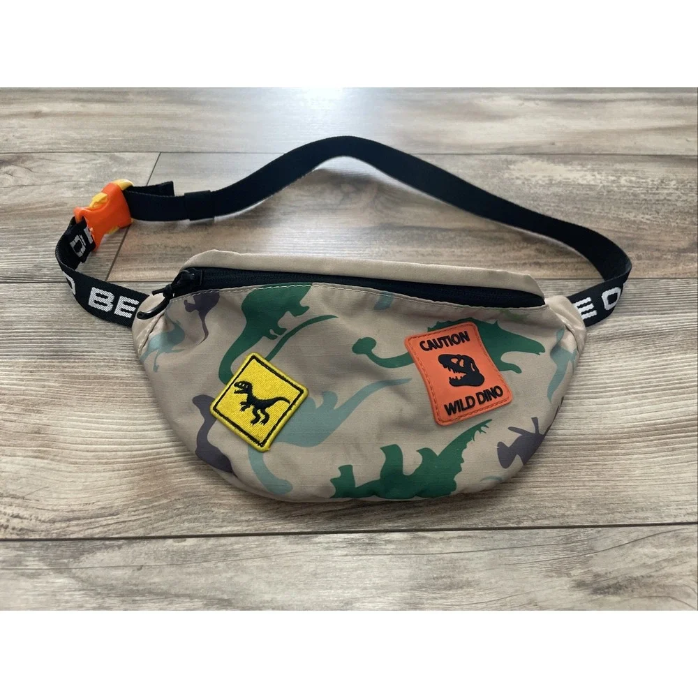 Zara Wild Dino Fanny Pack Bag Kids Beige Canvas Dinosaur Belt Bag